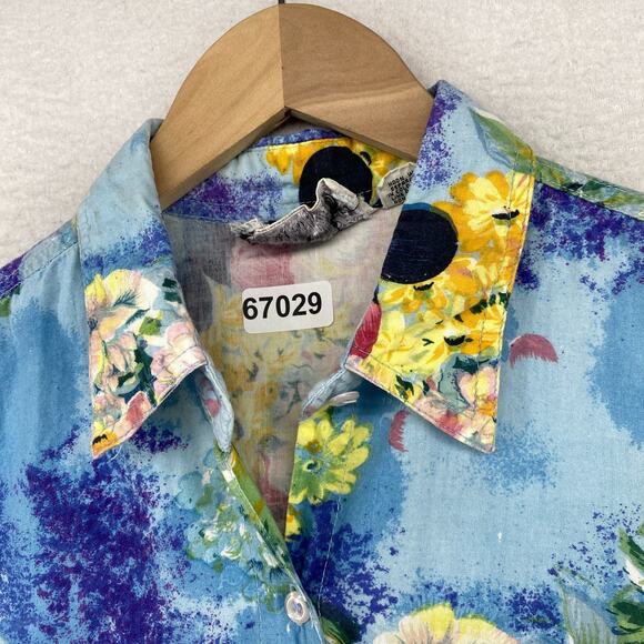 TAKEAWAY Top Womens L Floral Print Sleeveless Shirt Blouse Cotton Blue Vintage - Picture 10 of 10